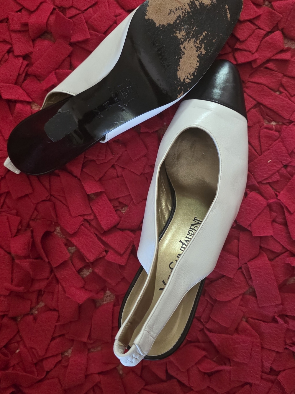 Saint Laurent White Leather Slingback Flats with Black Cap Toe